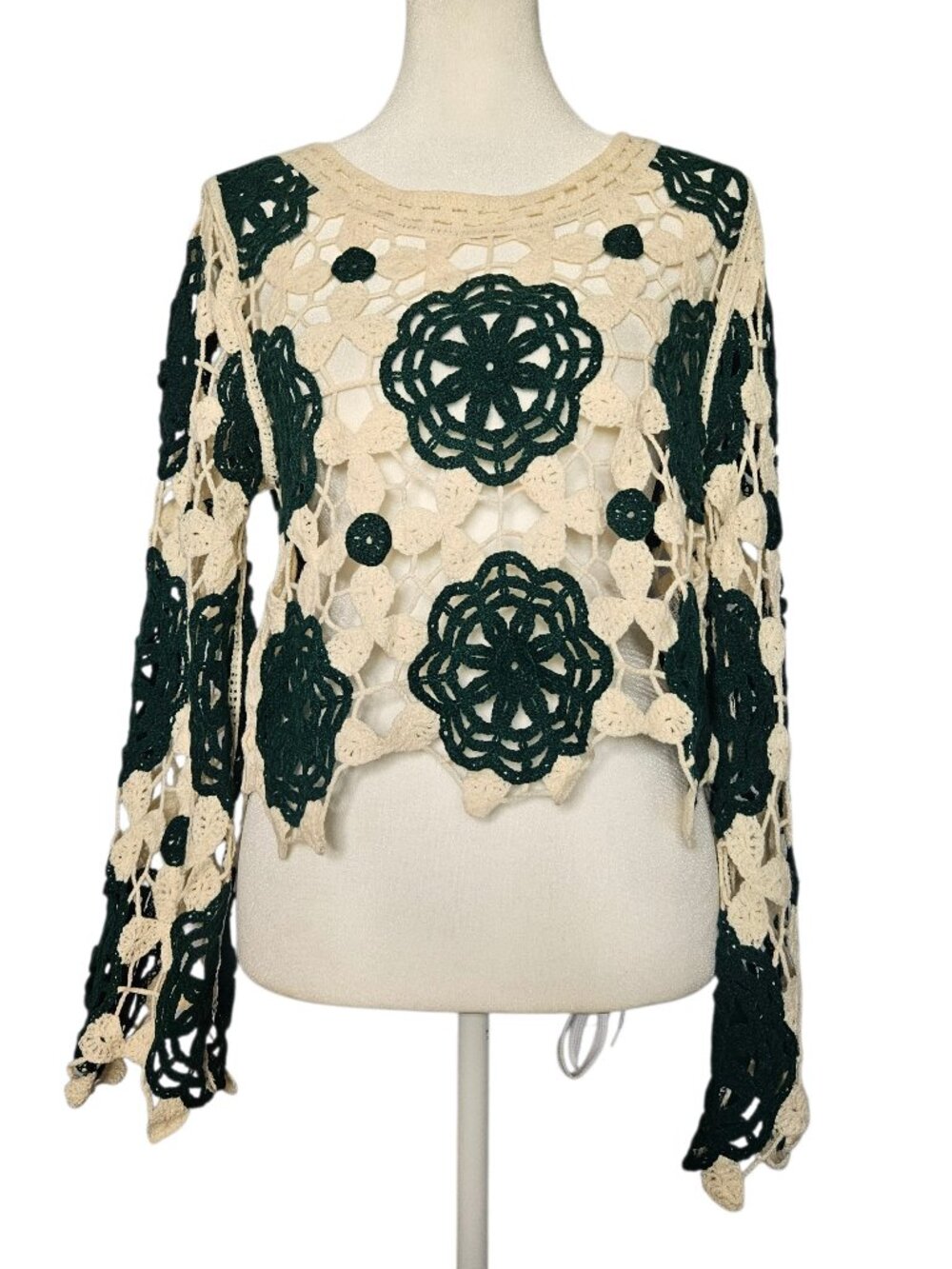 Rebellion Again Women's M Crochet Top Floral Cropped Open Knit Cream Boho Hippie